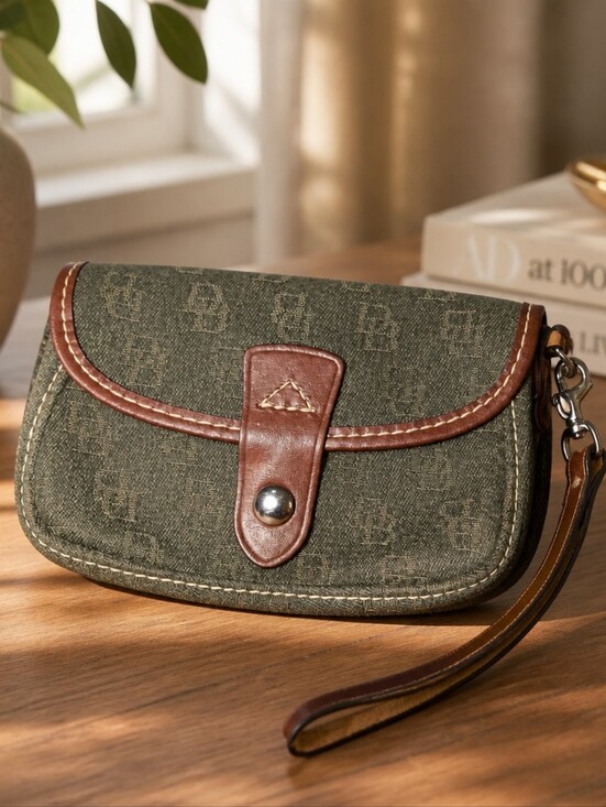 Dooney & Bourke Handbags - Dooney & Bourke Olive Green Canvas Wristlet Clutch with Brown Trim